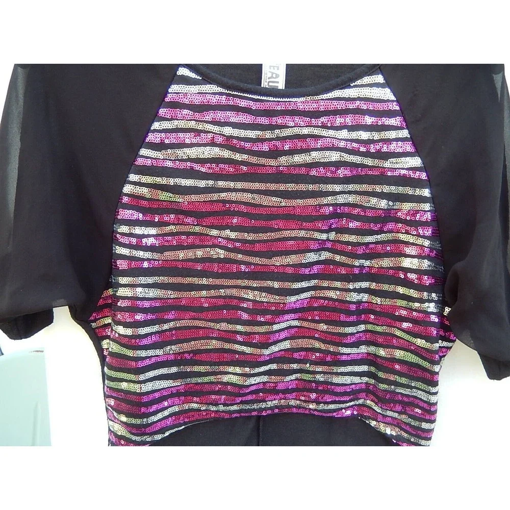 Beautees Girls T-Shirt Top Sz S 3/4 Sleeve High-Low Round Neck Relaxed Sequin - Picture 3 of 8